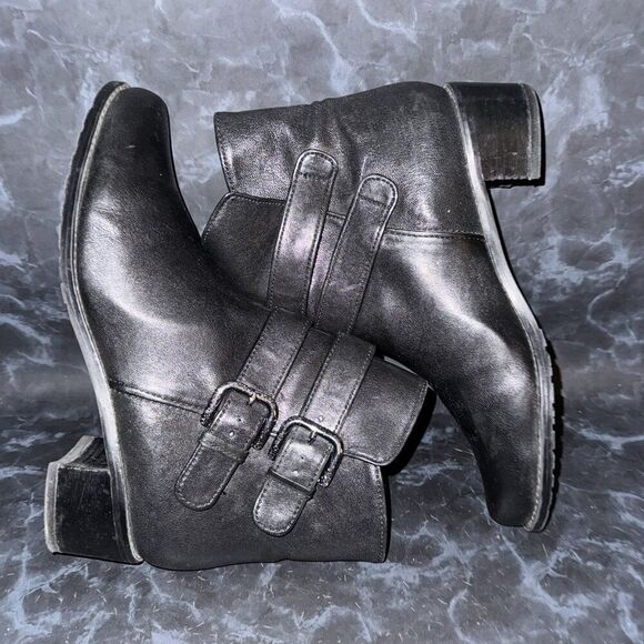 Stuart Weitzman Strapduo Moto Black Leather Heeled Booties Boots Women Size 8.5M - Picture 4 of 8